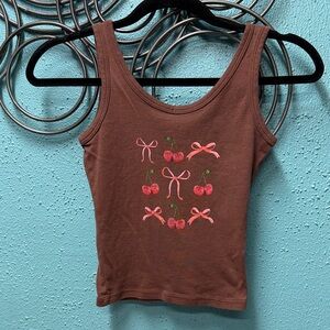 Brown Cherry Embroidered Tank Top